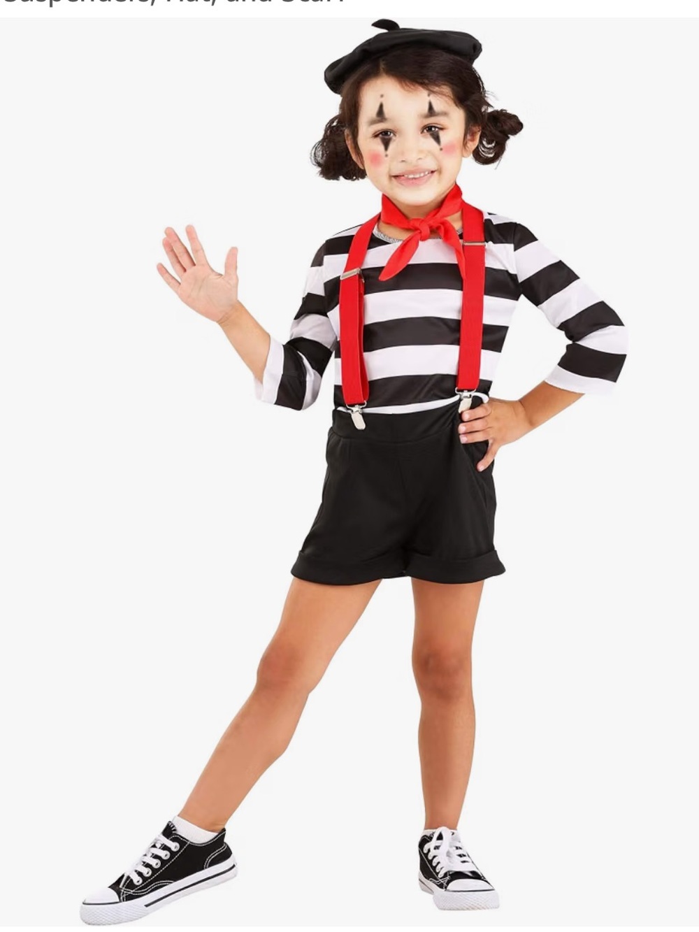 Kids Mime Costume Shirt, Shorts, hat, scarf, suspenders Black and White